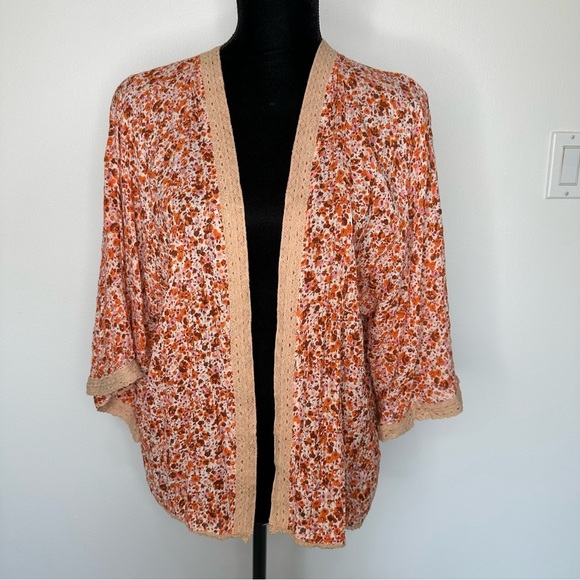 Ditsy Floral Kimono Lace Trim Orange OS - Picture 1 of 9